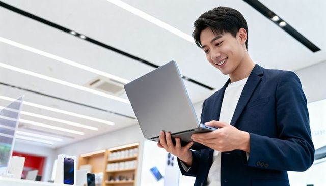 Smiling young professional browsing laptop in modern electronics showroom retail tech lifestyle