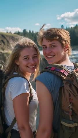 Young Couple Hiking Smiling at Camera on Ridge Overlooking River | Vertical Video
