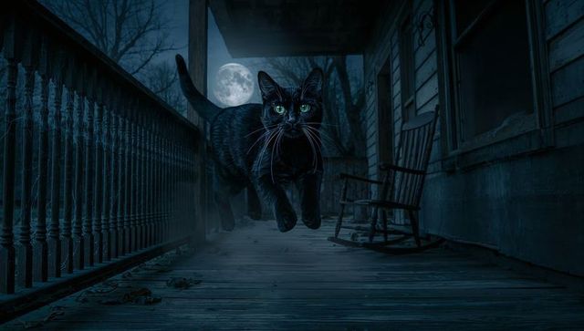 Black Cat Leaping Across Porch Under Moonlit Sky