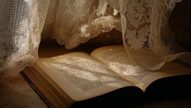 Sunlit vintage book resting on windowsill casting lace floral shadows from curtain