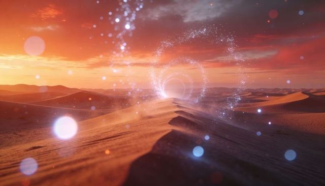 Hovering glowing spiral portal lighting desert dune ridge at sunset