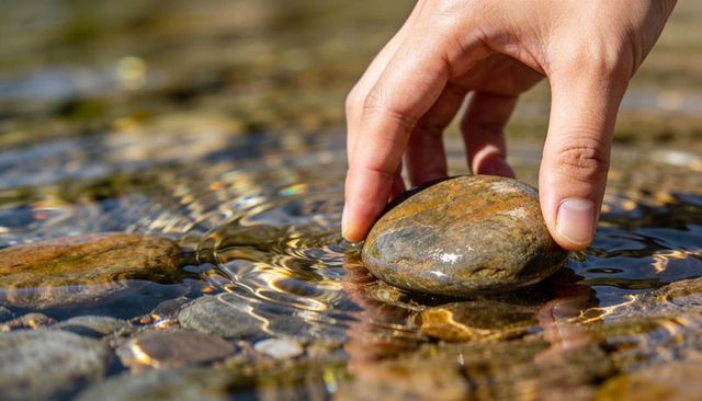 Right hand lifting smooth river stone in sunlit shallow stream creating ripples