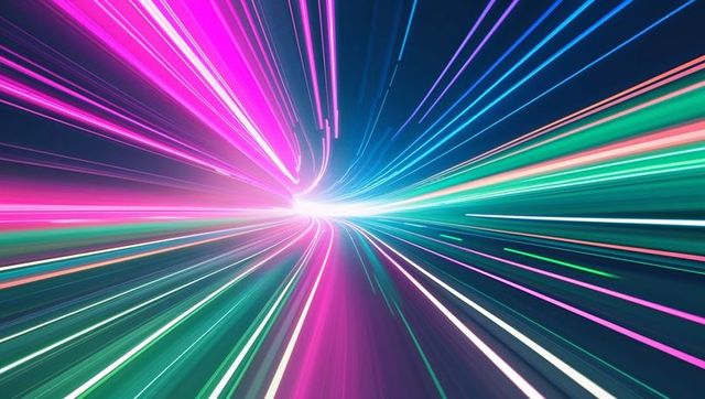Futuristic neon light tunnel accelerating into hyperspace