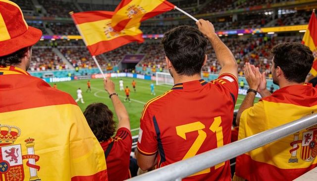 Cheering spanish football fans waving flags and wearing number 21 jersey in packed stadium