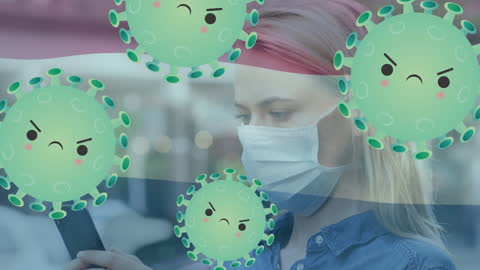 Pandemic Concept: Woman in Mask with Netherlands Flag and Viruses