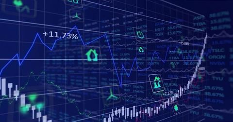 Financial market dashboard showing rising candlestick cluster with sector icons and data