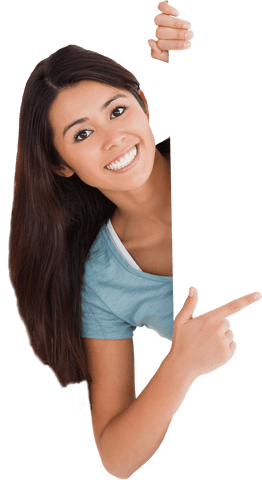 Smiling Woman with Long Hair Pointing to Blank Space Transparent Background - Download Free Stock Videos Pikwizard.com