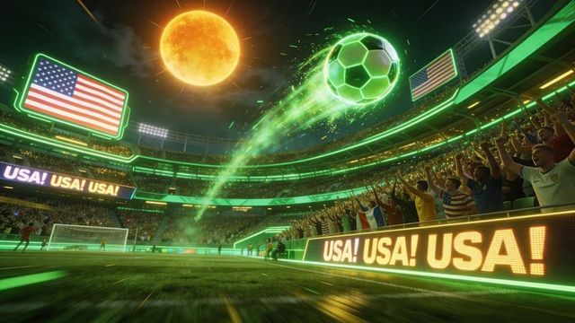 Neon green soccer ball soaring over packed usa stadium under glowing moon