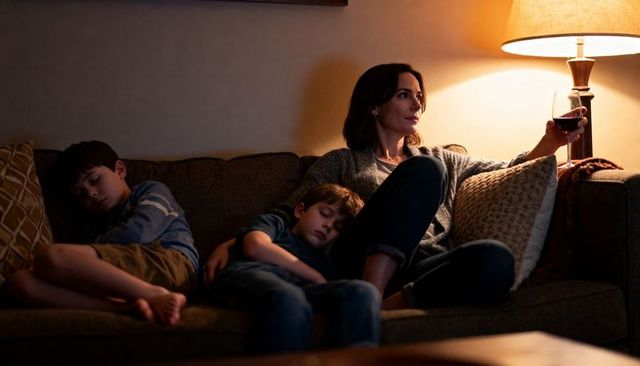 Mother relaxing on couch holding wine glass while children sleep on sofa at night