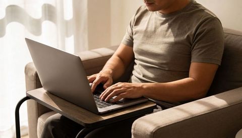 Man typing on laptop in armchair with lap desk natural light cozy remote work lifestyle