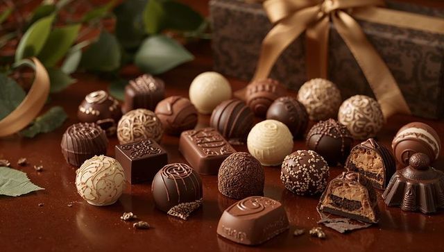 Showcasing Assorted Gourmet Truffles and Filled Chocolates with Gift Box and Gold Ribbon
