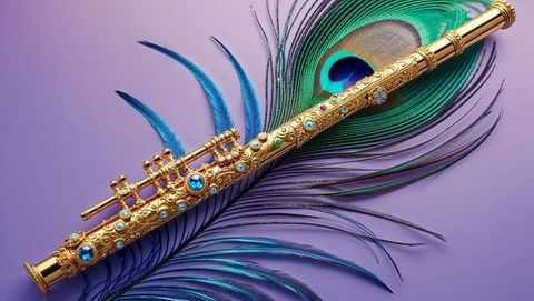 Ornate gold flute on peacock feather - symbol of krishna's elegance
