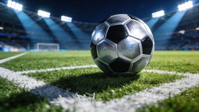 Shining classic soccer ball resting on sideline under stadium floodlights at night