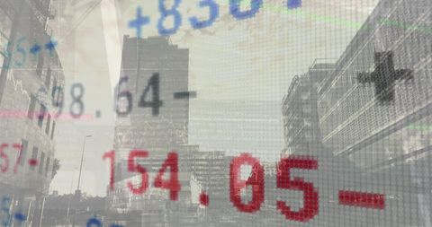 Stock market data overlay with urban skyline