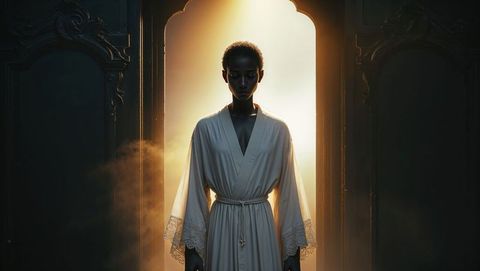 Woman in white robe standing in mystical archway, forgiveness concept