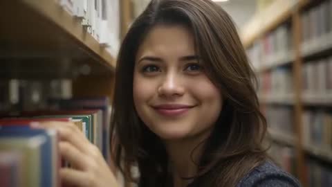 Smiling Student Reaching for Book and Turning to Camera in Bright Library Aisle