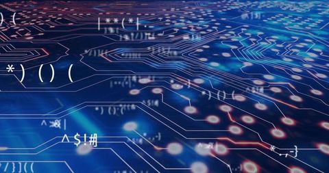 Futuristic Digital Circuitry with Glowing Neon Tech Symbols