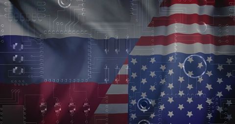 USA and Russia Flags with Digital Circuit Board Overlay