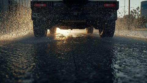 Pickup truck driving through puddle spraying water, backlit droplets at sunset