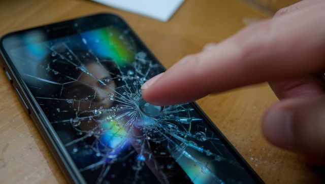 Pressing finger on cracked smartphone screen with shattered glass reflection and shards