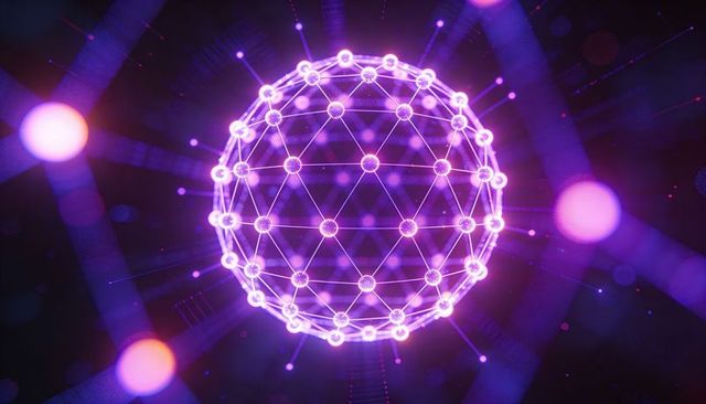 Rotating neon geodesic sphere with interconnected nodes, digital network and holographic data