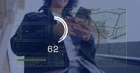 Man Holding Smartphone Viewing Holographic HUD Panels with Data Analytics Overlays