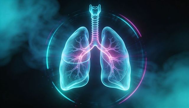 Neon holographic lungs with trachea and hud elements for futuristic medical visualization