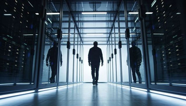 Walking Silhouette Through Futuristic Data Center Corridor With Mirrored Server Racks