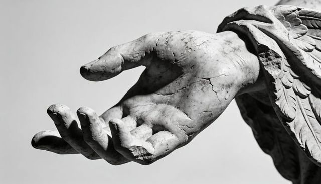 Outstretched weathered marble hand of angel sculpture reaching forward in high-contrast b&w