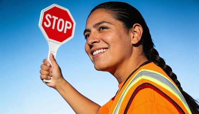 Smiling crossing guard raising stop paddle wearing high-visibility vest and braid