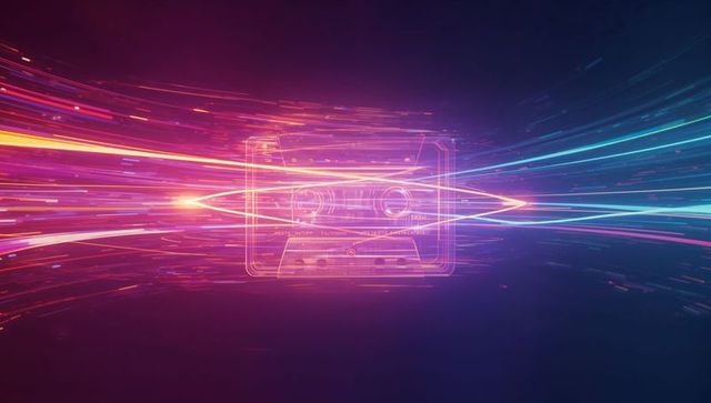 Neon Cassette Hovering in Dynamic Digital Void