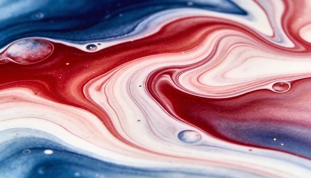 Marbled red blue white fluid art with glossy droplets and flowing swirl texture