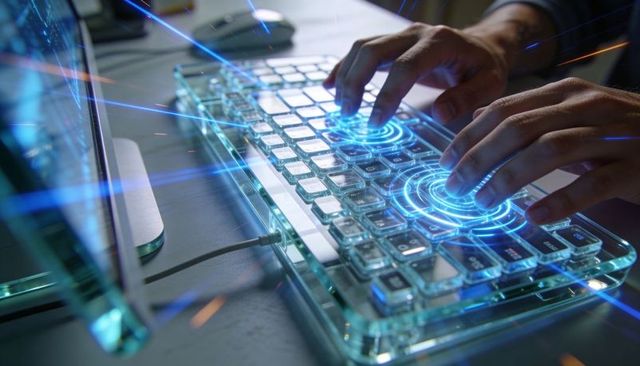 Developer typing on transparent glass keyboard with holographic blue UI and tech overlay