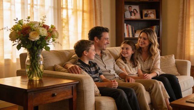 Smiling family of four relaxing on beige sofa in warm sunlit living room with flowers