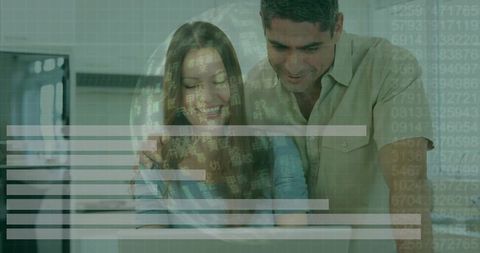 Couple collaborating on laptop with green data overlays and analytics dashboard at home