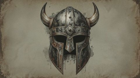 Old weathered horned viking helmet on parchment style background