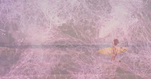 Surfer Amid Vivid Pink Light Trails at Ocean
