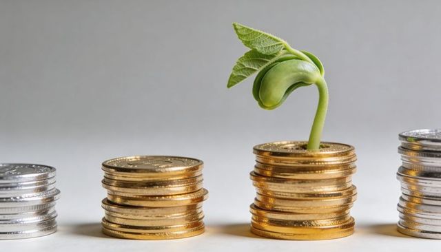Seedling sprouting from gold coin stack representing investment growth and prosperity
