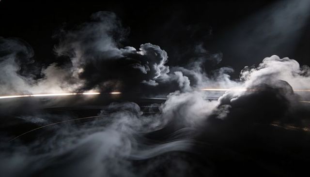 Billowing smoke veils and thin light strip creating dramatic atmospheric vapor landscape