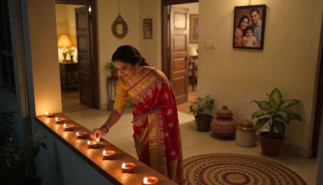 Lighting diyas: indian woman wearing red gold saree placing oil lamps for diwali at home