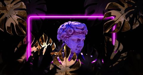 Classical Sculpture with Neon Glow and Metallic Leaves