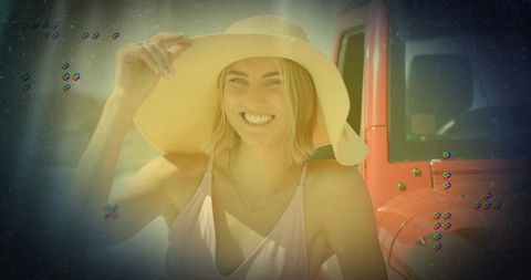 Smiling Woman with Straw Hat Adventure Near Beach SUV