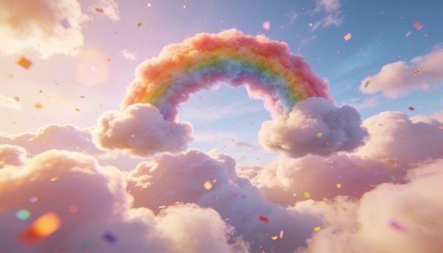 Floating rainbow arch bridging cotton clouds in pastel sky scattering confetti sunlit haze