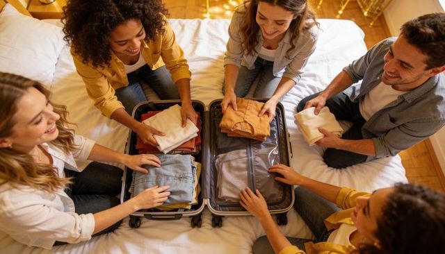 Friends packing luggage together on bed preparing for weekend getaway