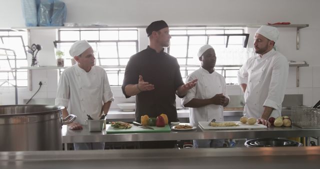 Chefs from various backgrounds discussing recipes in a clean, professional kitchen environment. Suitable for illustrating themes related to culinary teamwork, professional cooking, food preparation, chef training, restaurant management, and culinary school promotions. Useful for blog posts, cooking websites, restaurant marketing materials, and educational content about the culinary industry.