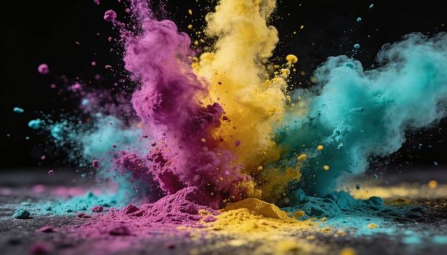 Explosive Color Powder Plumes Magenta Yellow Teal Abstract Dust Cloud Burst