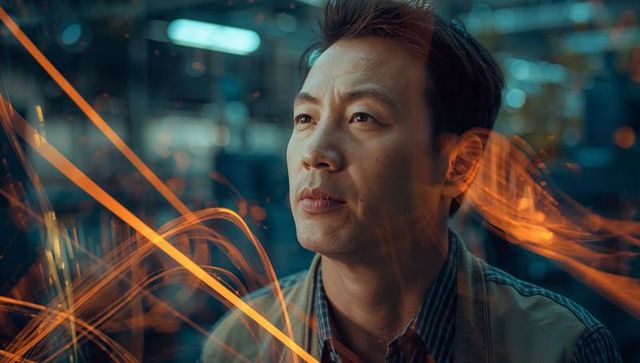 Cinematic portrait asian man with orange light trails contemplative gaze moody headshot