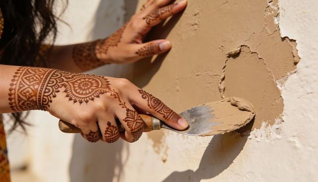 Henna-adorned hands applying plaster to exterior wall with putty knife, sunlit close-up
