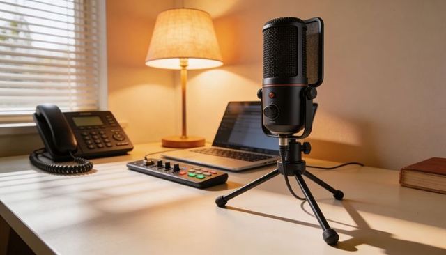 Condenser microphone on tripod with laptop and audio mixer in warm minimal home studio