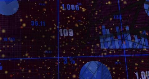 Futuristic neon data dashboard displaying monthly bar chart, pie, percent analytics with particle gl